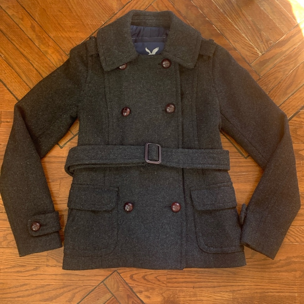 American Eagle Wool Blend Grey Fitted Pea Coat XS Timeless Twee Classic Belted